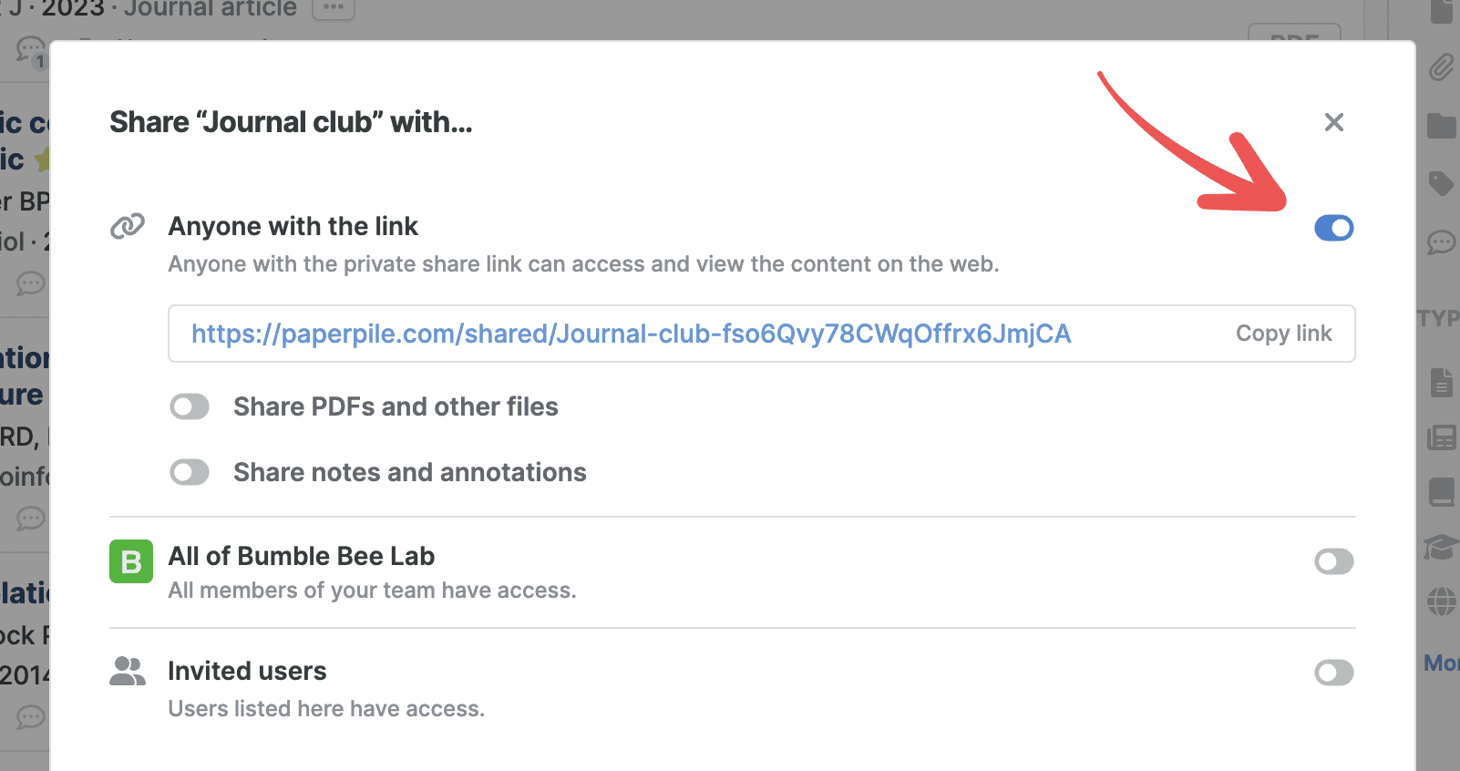 The “Share ‘Journal club’ with…” dialog with a red arrow pointing to the “Anyone with the link” toggle, switched on, above the generated share link and toggles for sharing PDFs and notes.